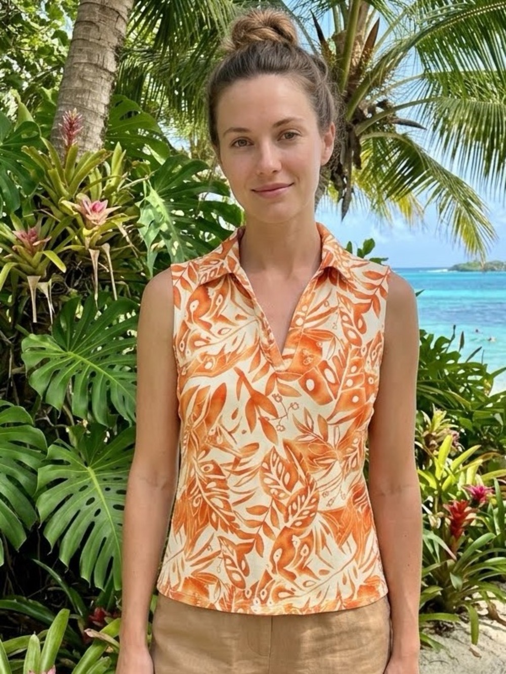 Tommy Bahama Orange & Cream Tropical Print Sleeveless Polo Size S